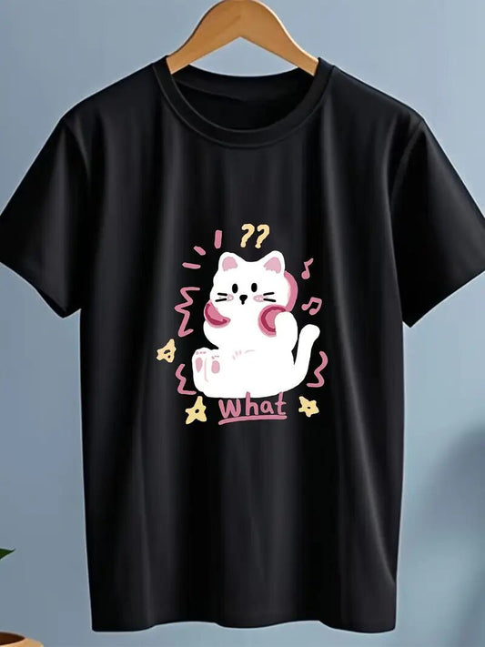 What?? Cat Printed Short Sleeved Shirt
